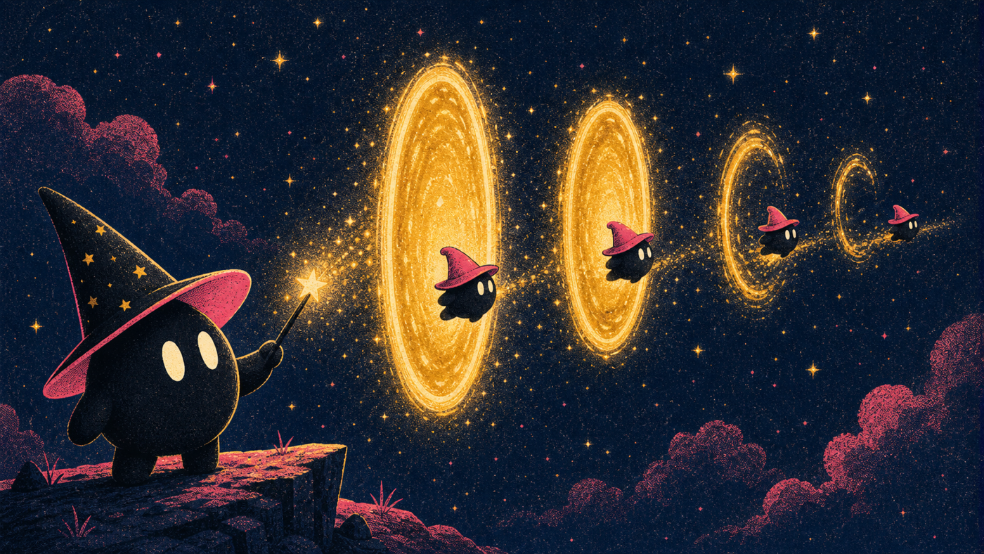 The sorcerer facing a row of magic portals, two open and two still forming in the distance