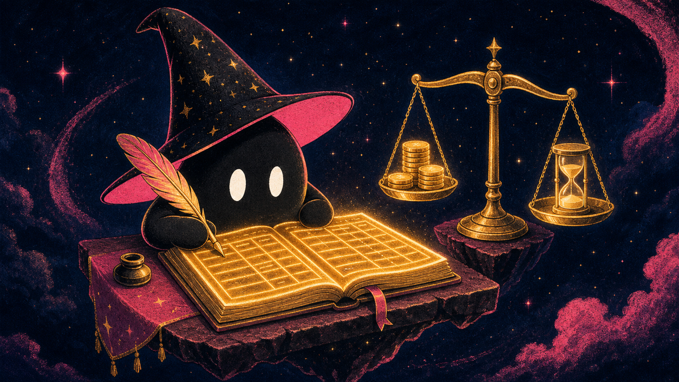 The sorcerer writing carefully in a glowing ledger beside a balance scale weighing coins against an hourglass