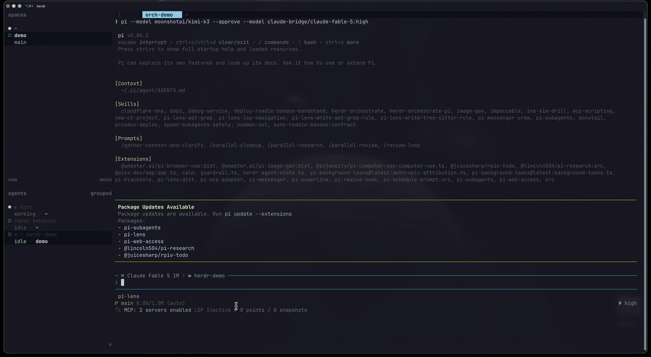 Demo: an all-pi herdr-orchestrate run — Sol backend lane, Kimi UI lane, batch cross-review, a review-ui lane driving the real browser, land, clean up