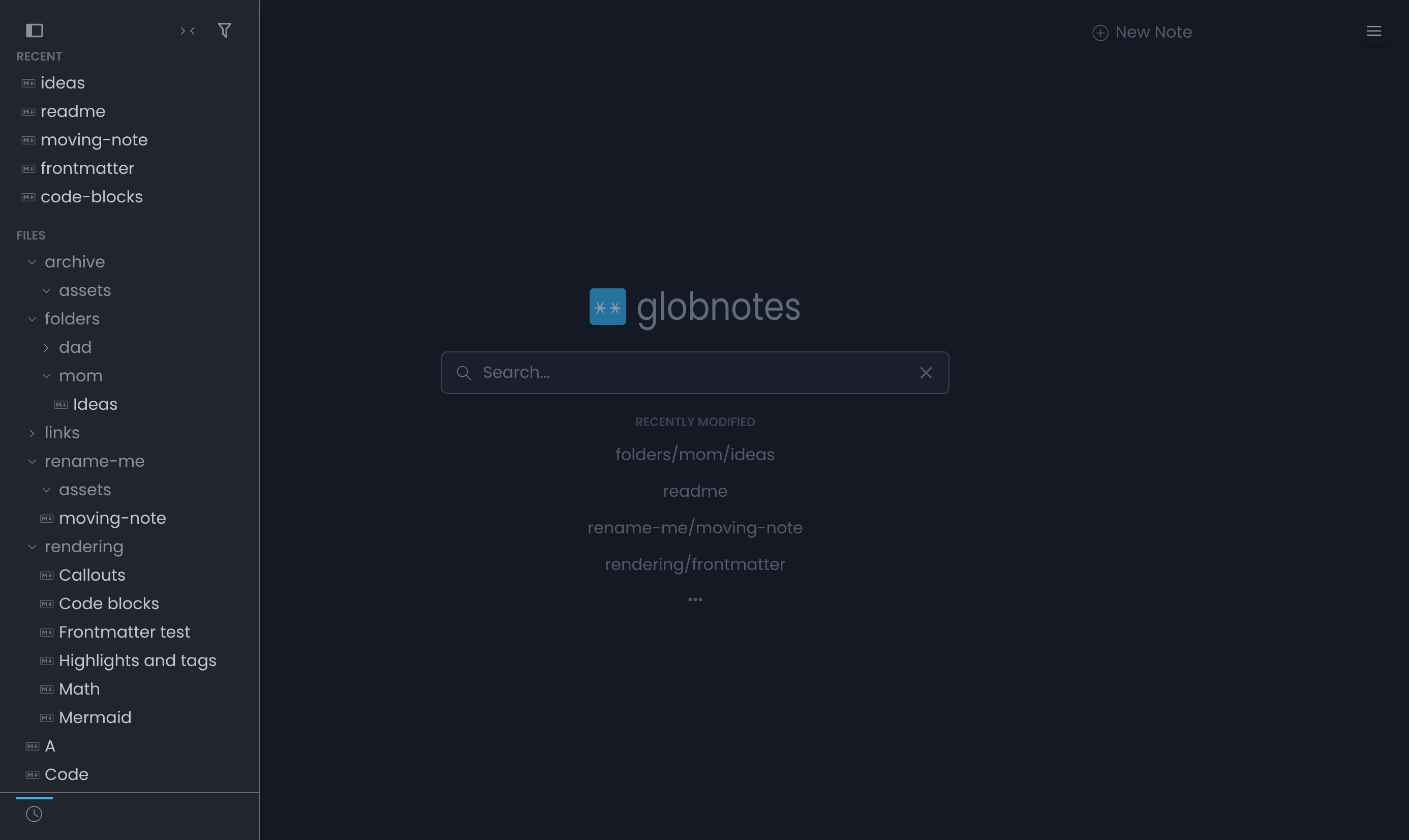 globnotes — home with sidebar, recent notes, and folder tree