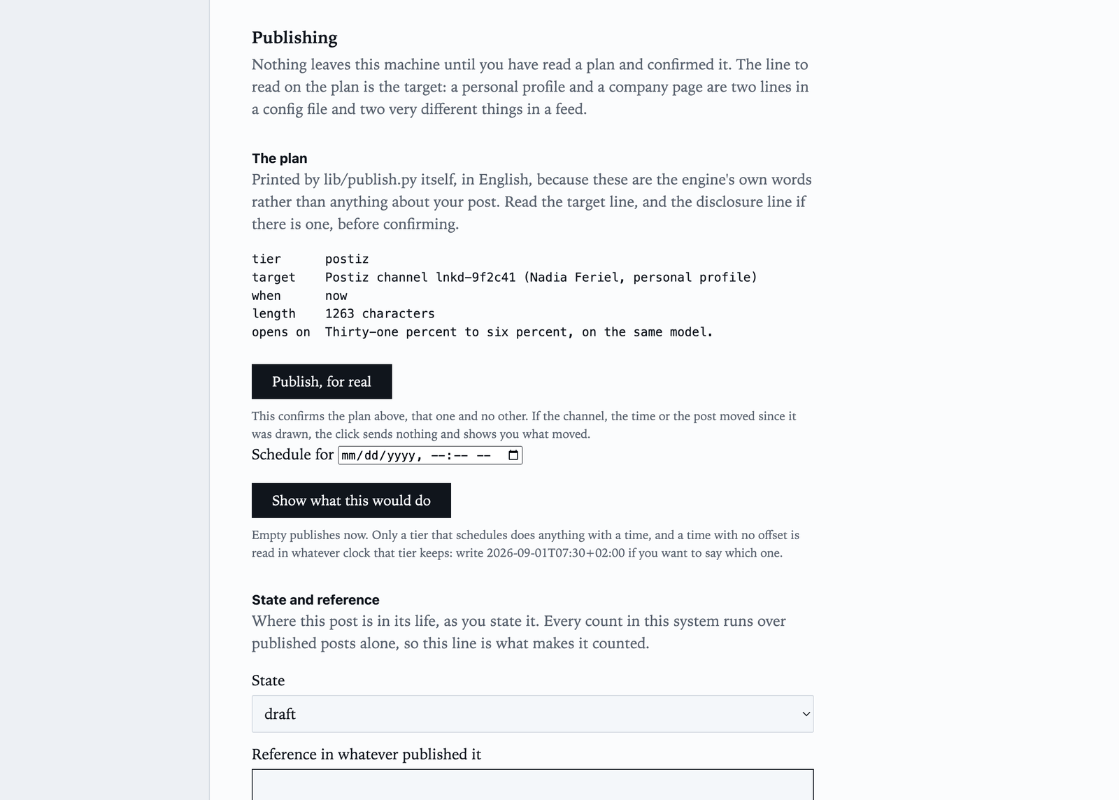 The publish plan: tier, target channel by name, when, length, first line