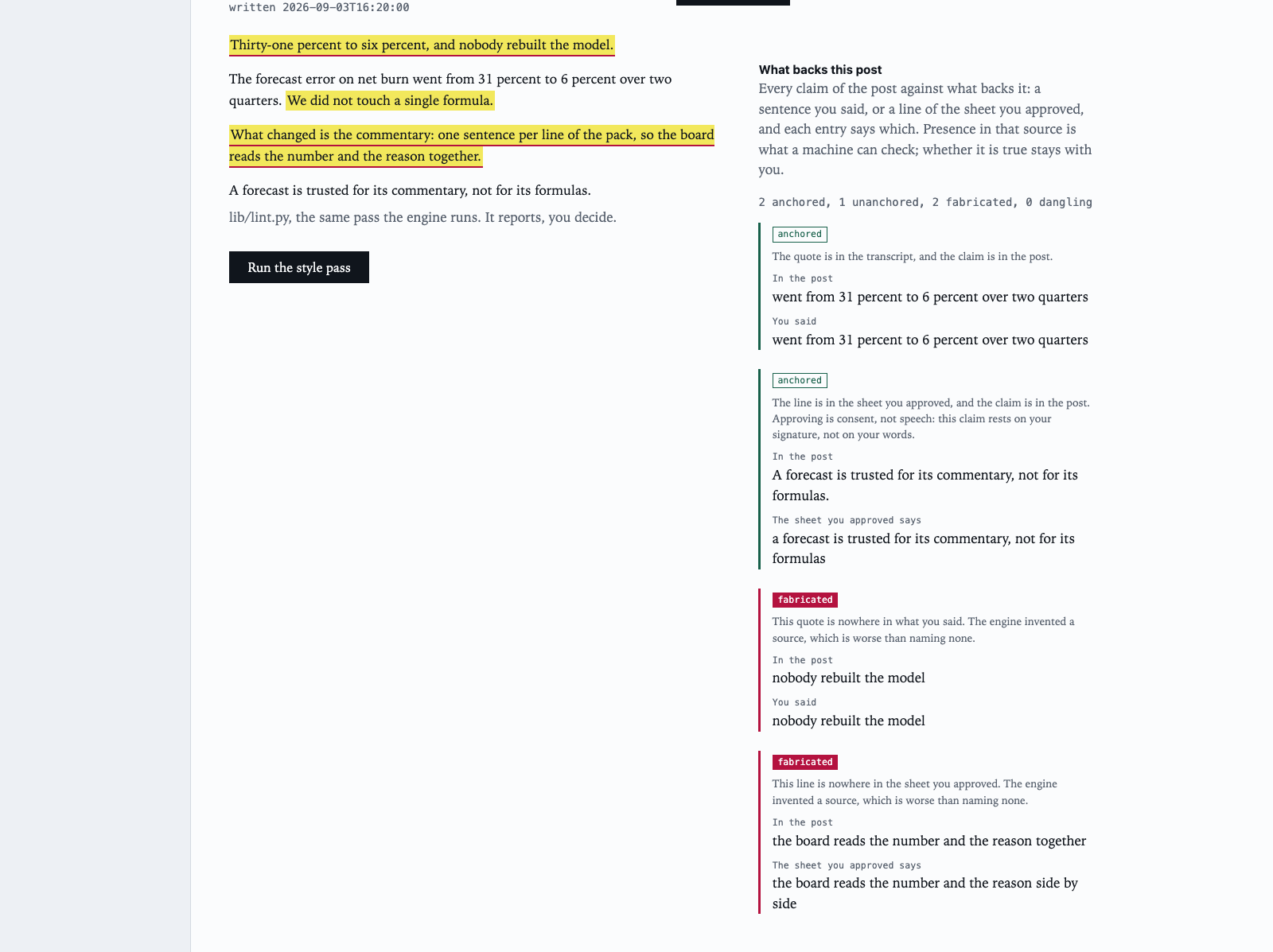 The draft, and every claim of it checked against the interview