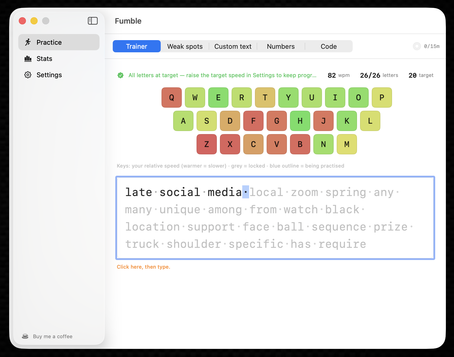 The adaptive trainer — pre-aimed at your real weak letters