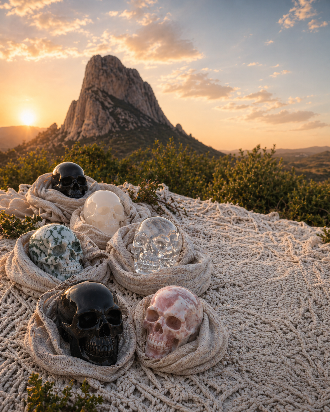 Cráneos de cristal sagrados con la Peña de Bernal al fondo