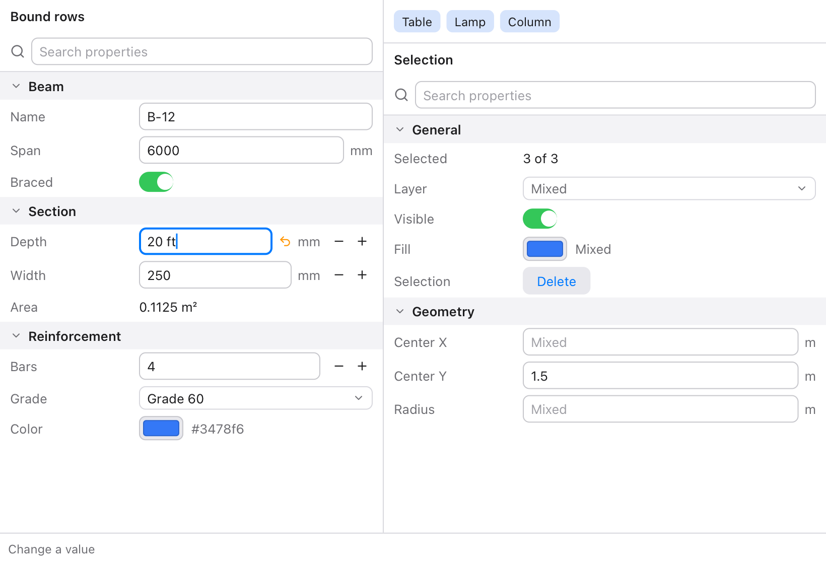 An app with two panels: on the left, rows for a beam (name, span, depth, bars, grade, color) in three sections; on the right, an Inspector for three selected shapes, with Mixed in the layer, fill, center X and radius rows