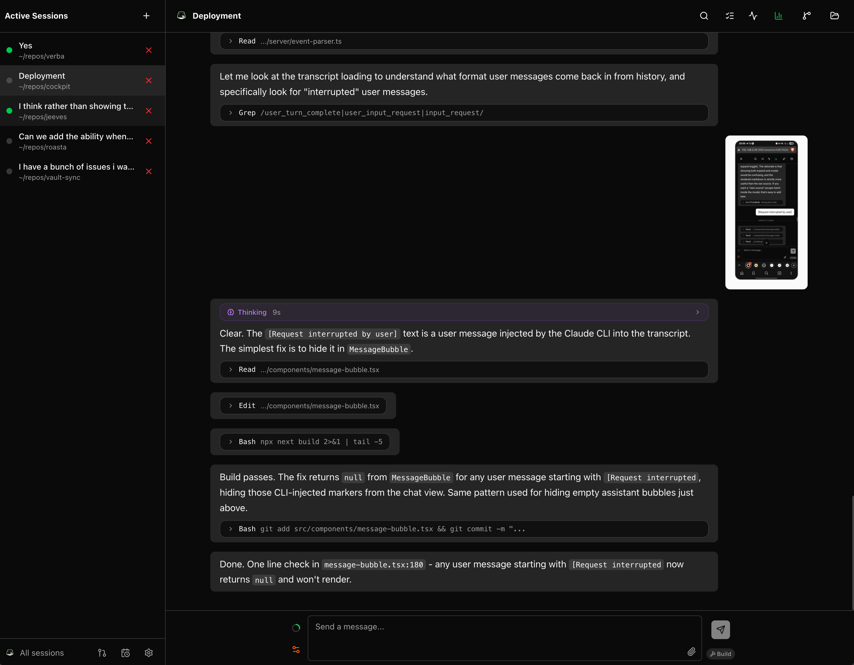 Chat view with sessions sidebar