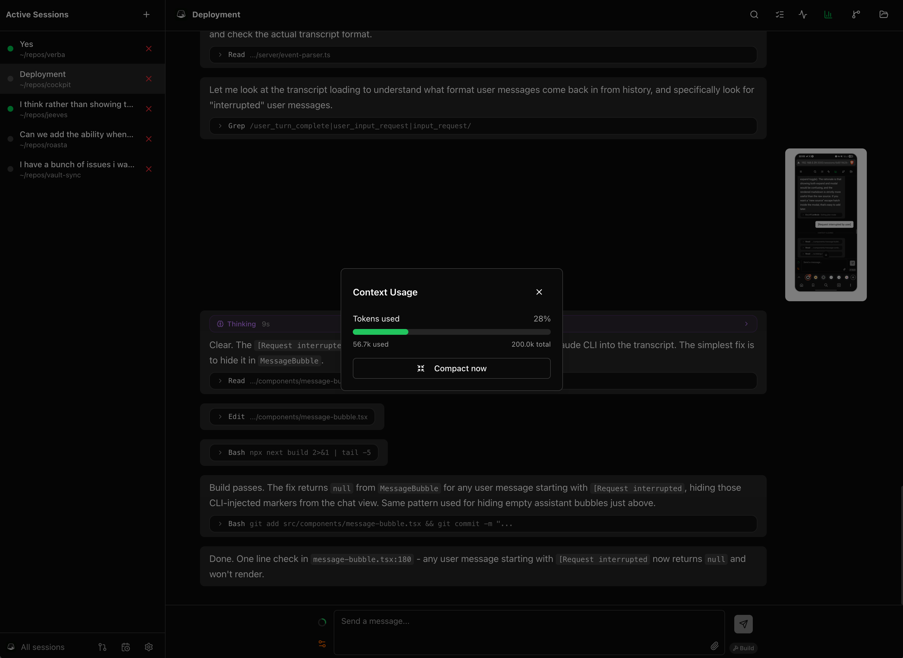 Context window usage modal