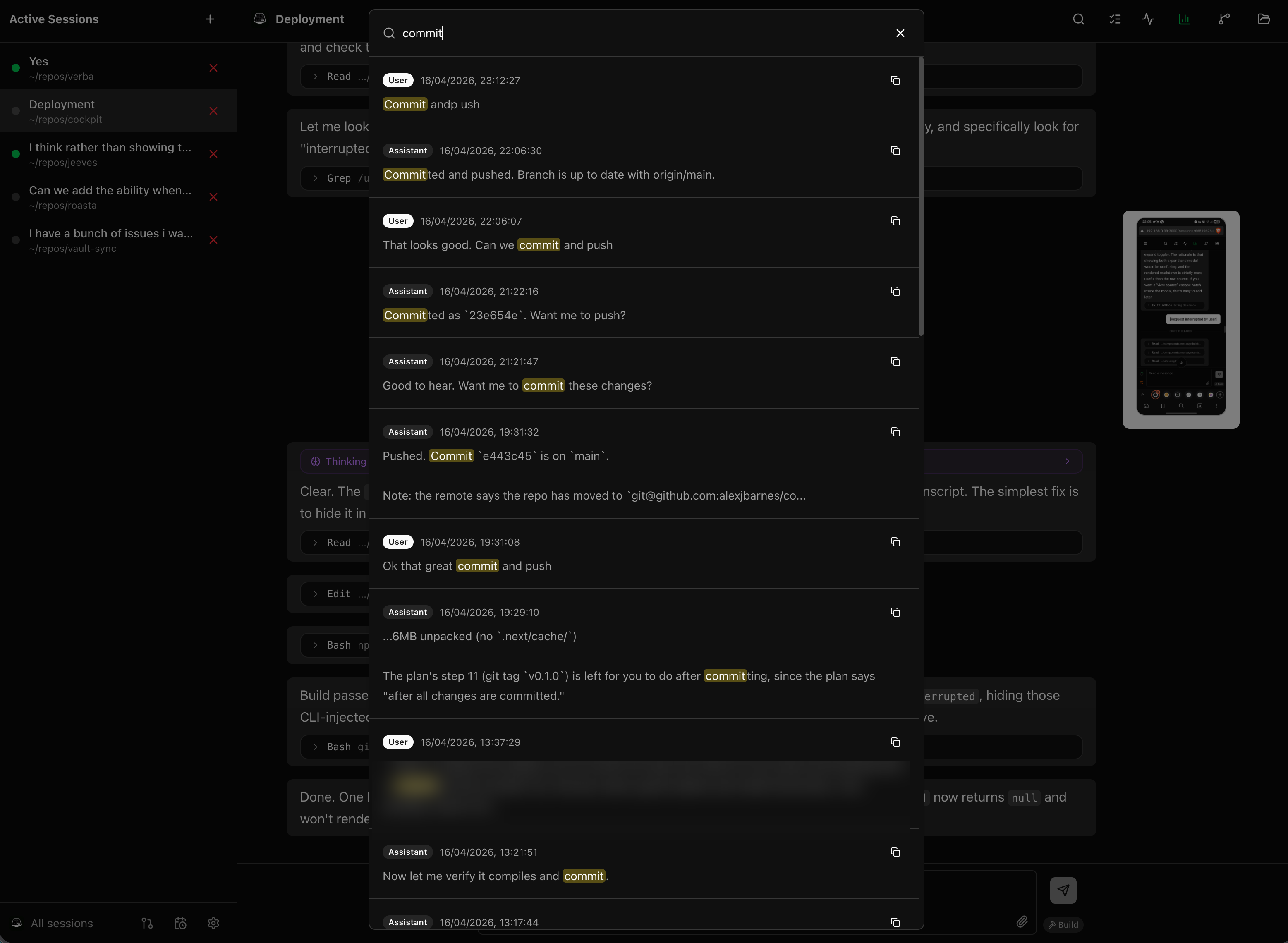 Message search across the transcript