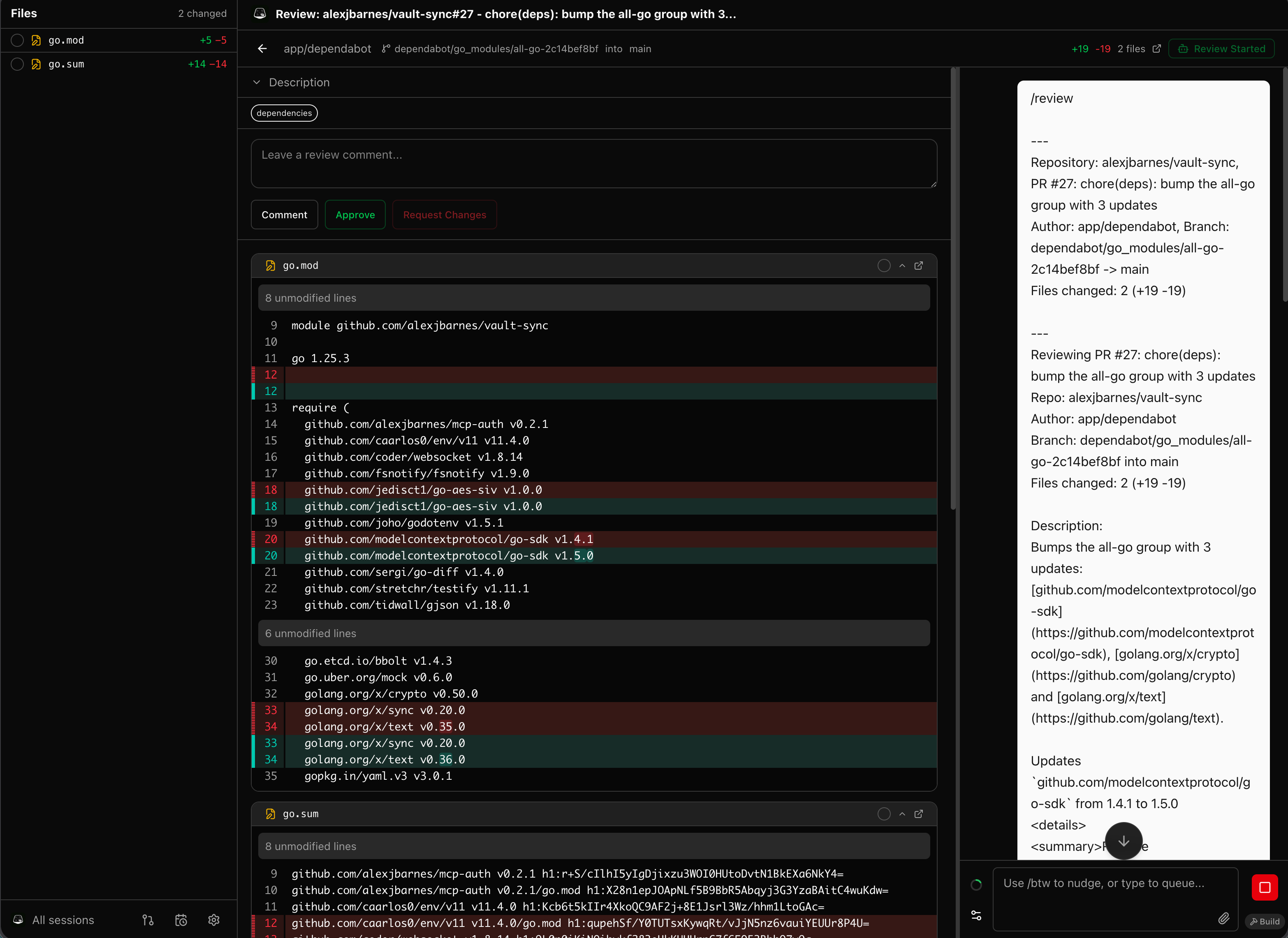 Pull request review with diff and chat