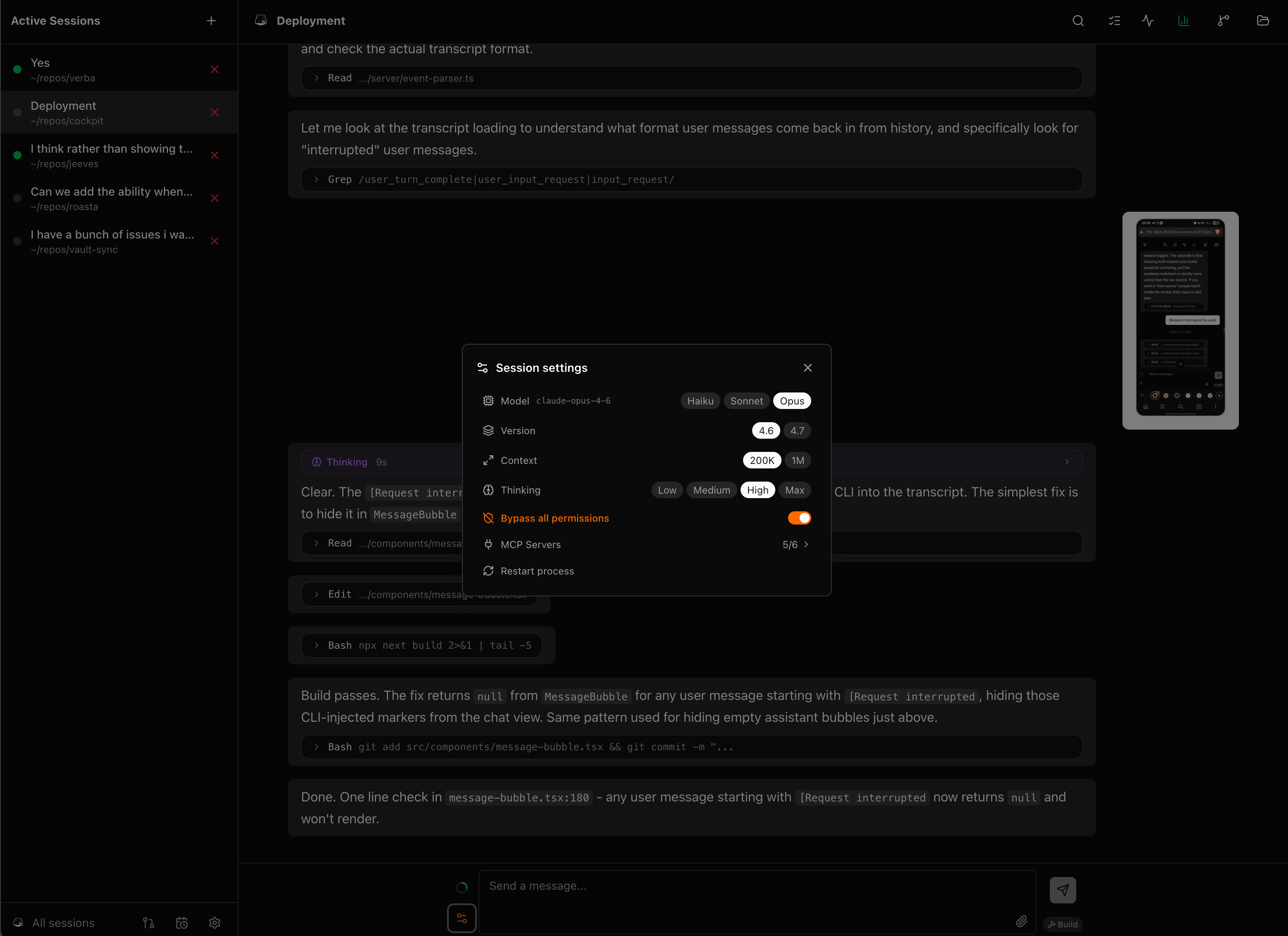 Per-session settings popover