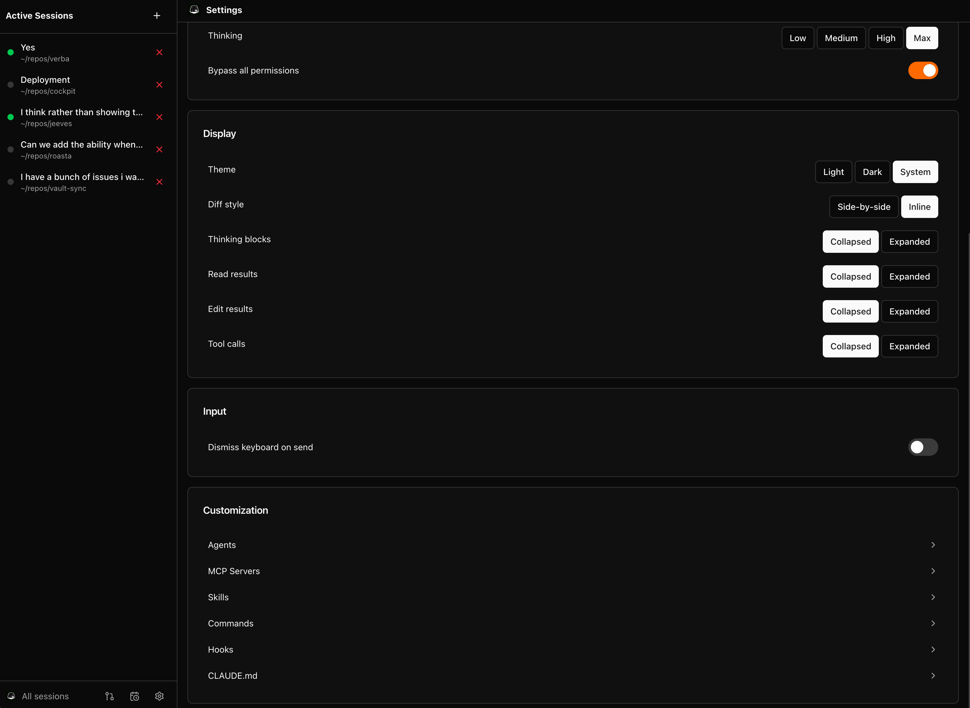 Settings page