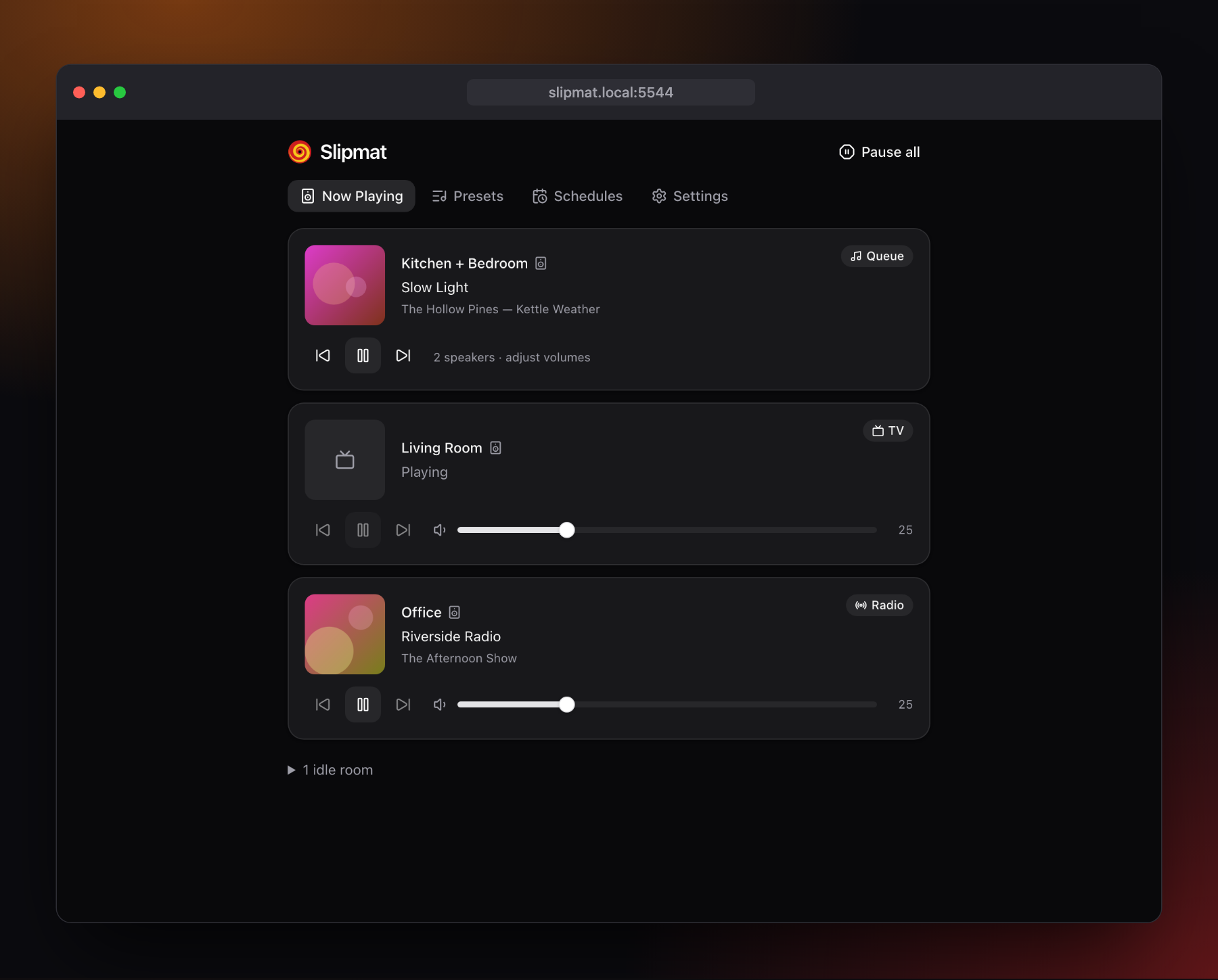 Slipmat's Now Playing view in a browser, showing three rooms