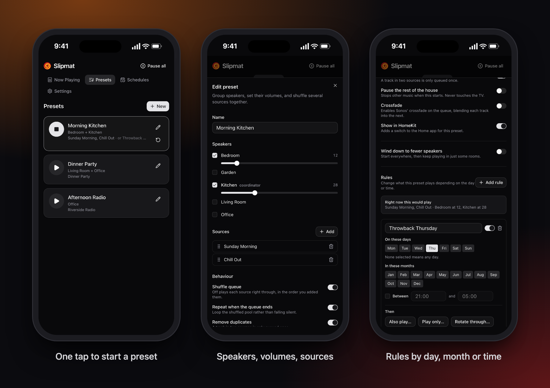 The preset list, the preset editor, and the rule editor