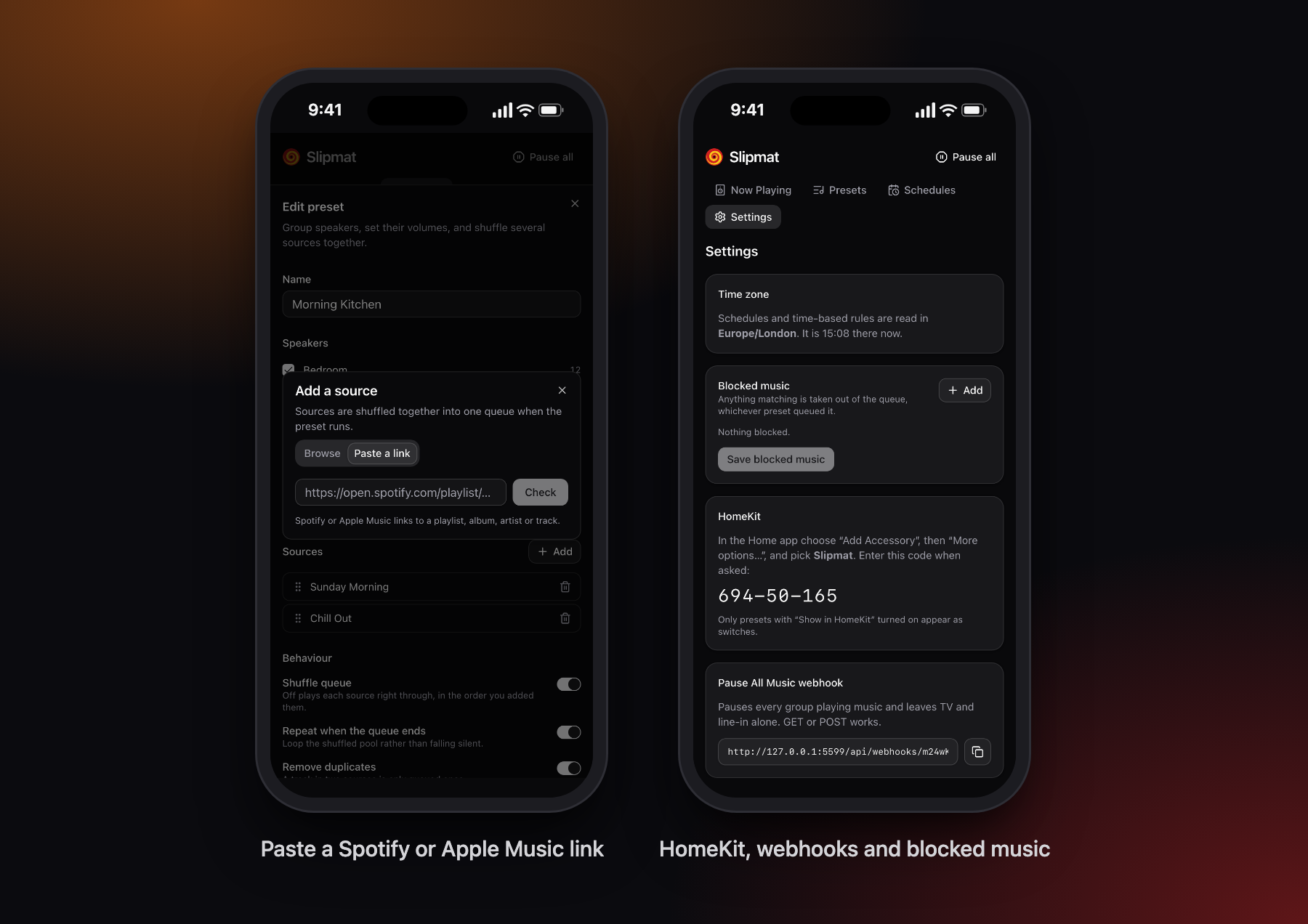 Pasting a streaming link as a source, and the settings page