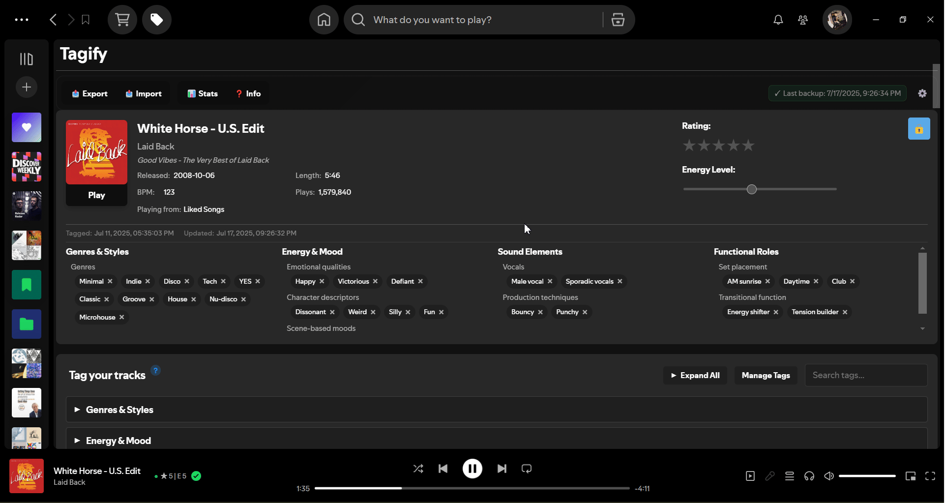 Tagging a track in Tagify with star rating, energy level, and custom tags