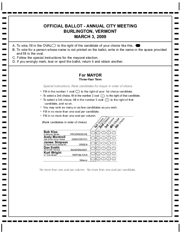 Ballot from the 2009 Burlington mayoral
election