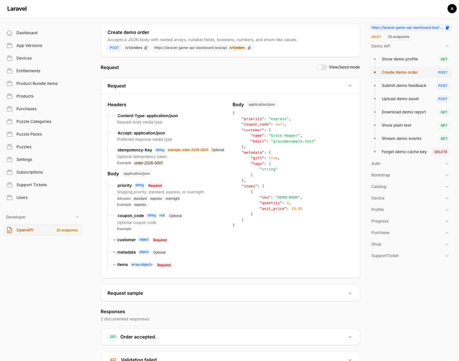 Filament OpenAPI docs page