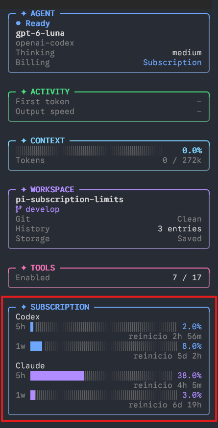 Subscription panel showing Codex and Claude usage windows