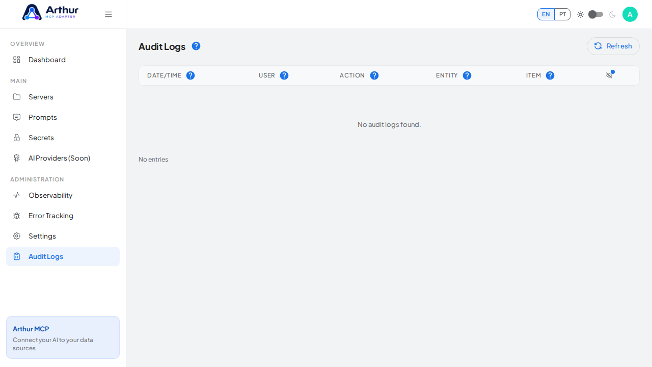 Open the Arthur screen that visually supports “Audit Logs”