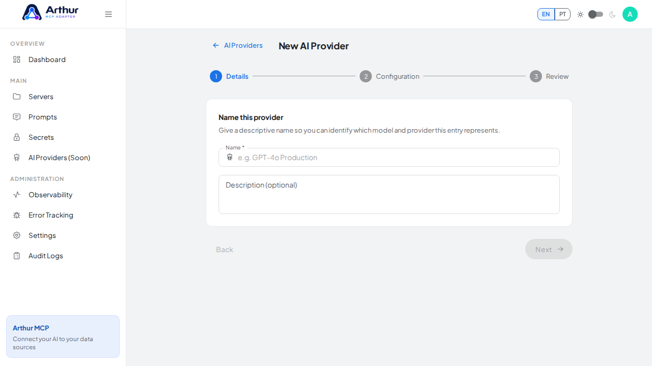 Open the three-step AI provider wizard