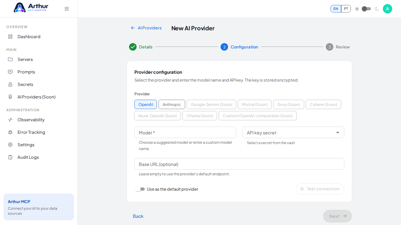 Advance to provider and model configuration