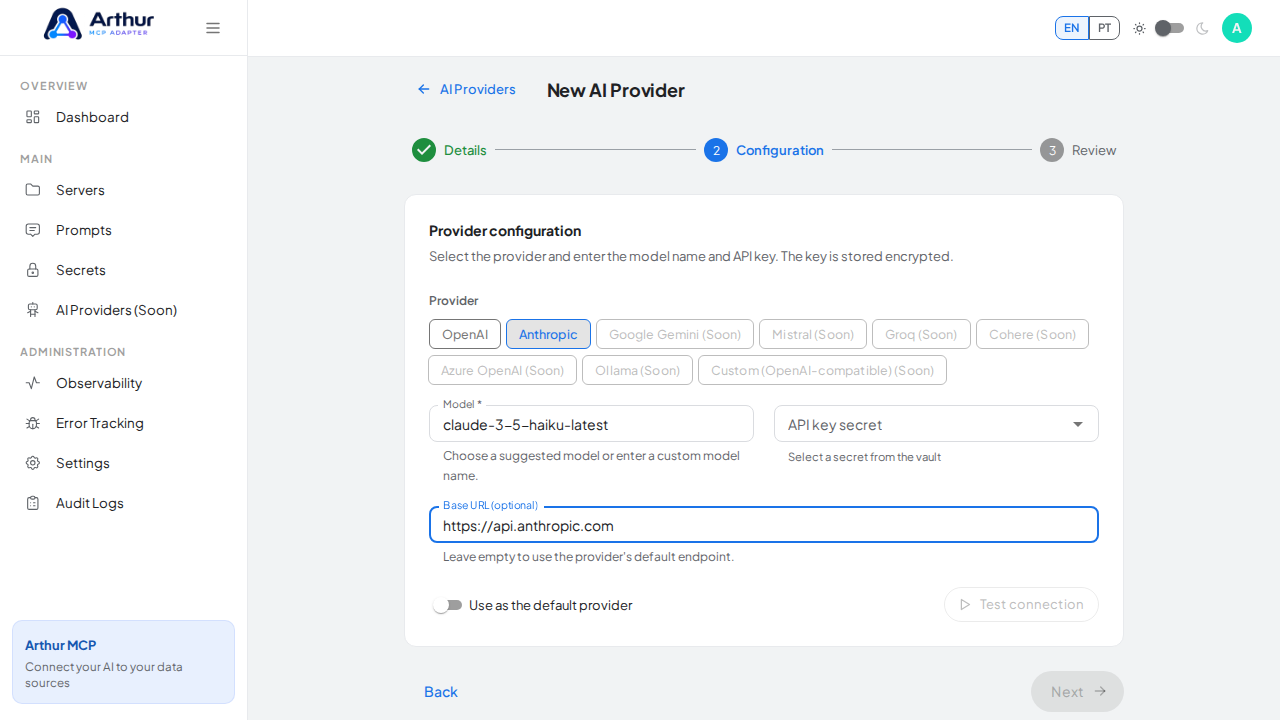 Demonstrate the endpoint override while the same panel shows the encrypted secret required before review