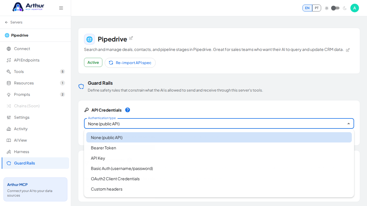 Open the upstream API authentication type list