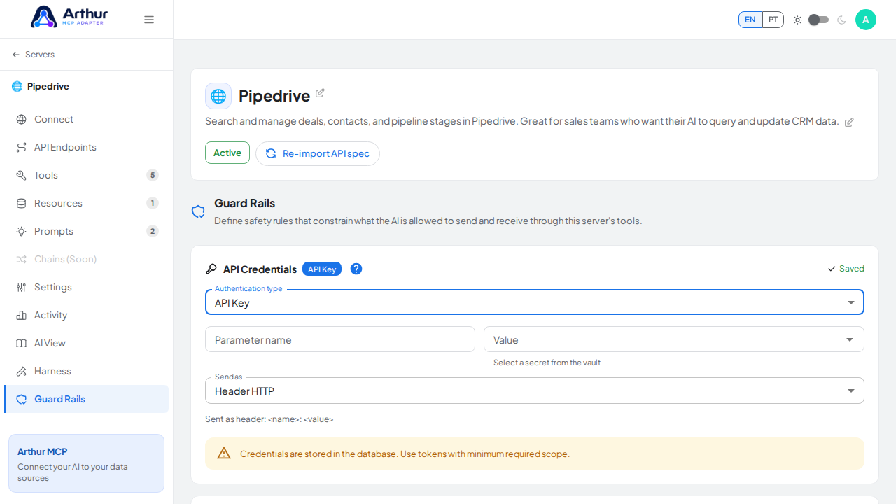 Select API Key to reveal its name, value, and transport fields