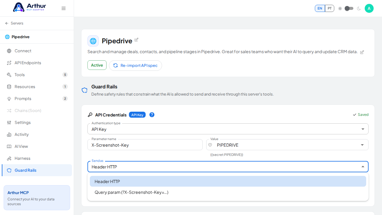 Open the API Key transport options