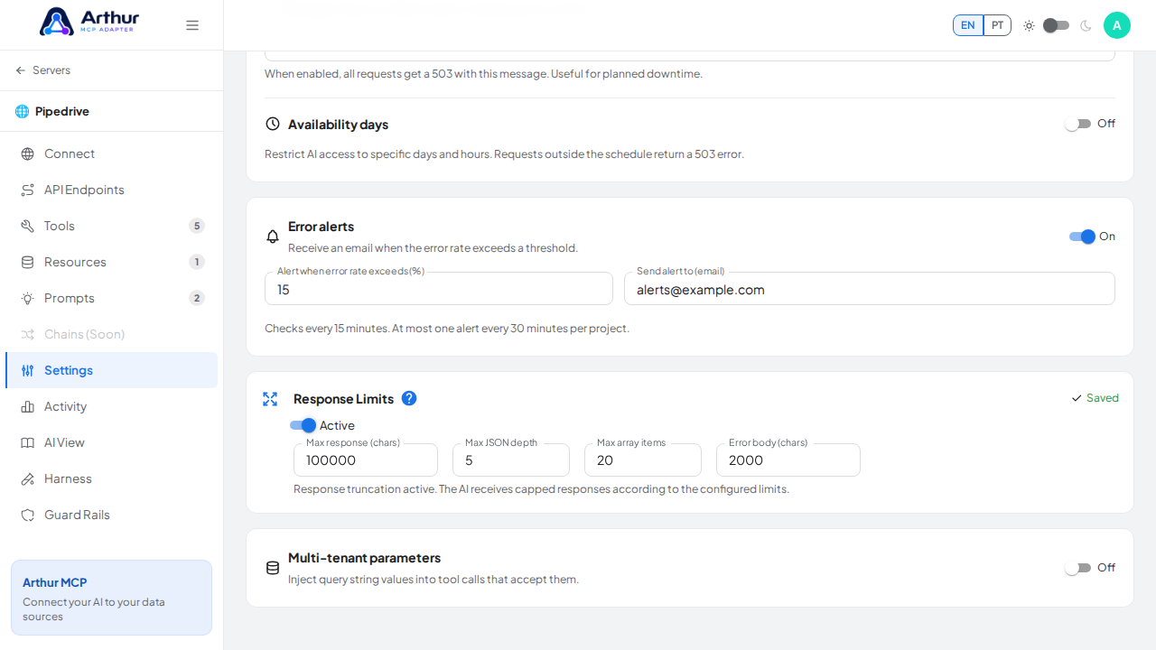 Ensure Response Limits is enabled so the four configuration fields are available, including when recovering from an interrupted run