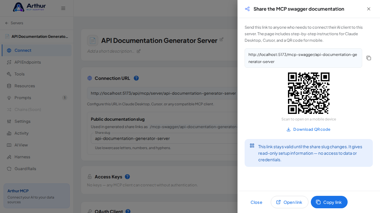 Open the MCP swagger documentation share panel