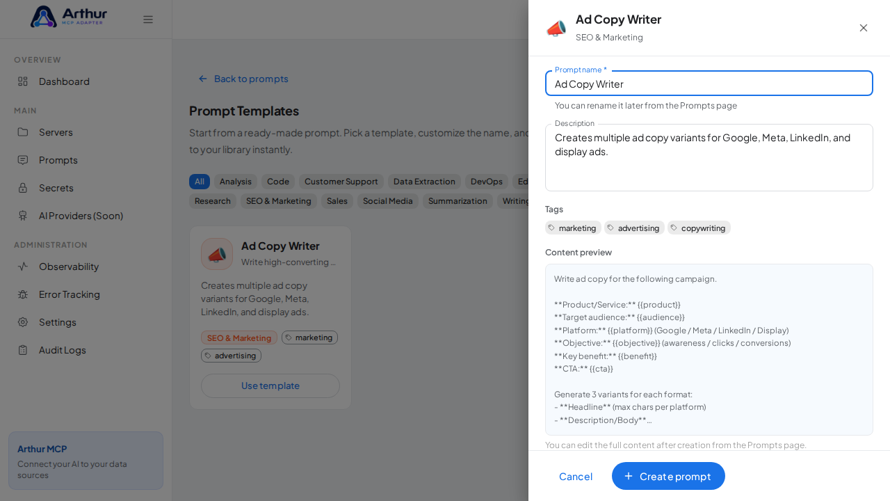 Open the Ad Copy Writer template with its prefilled name and content preview