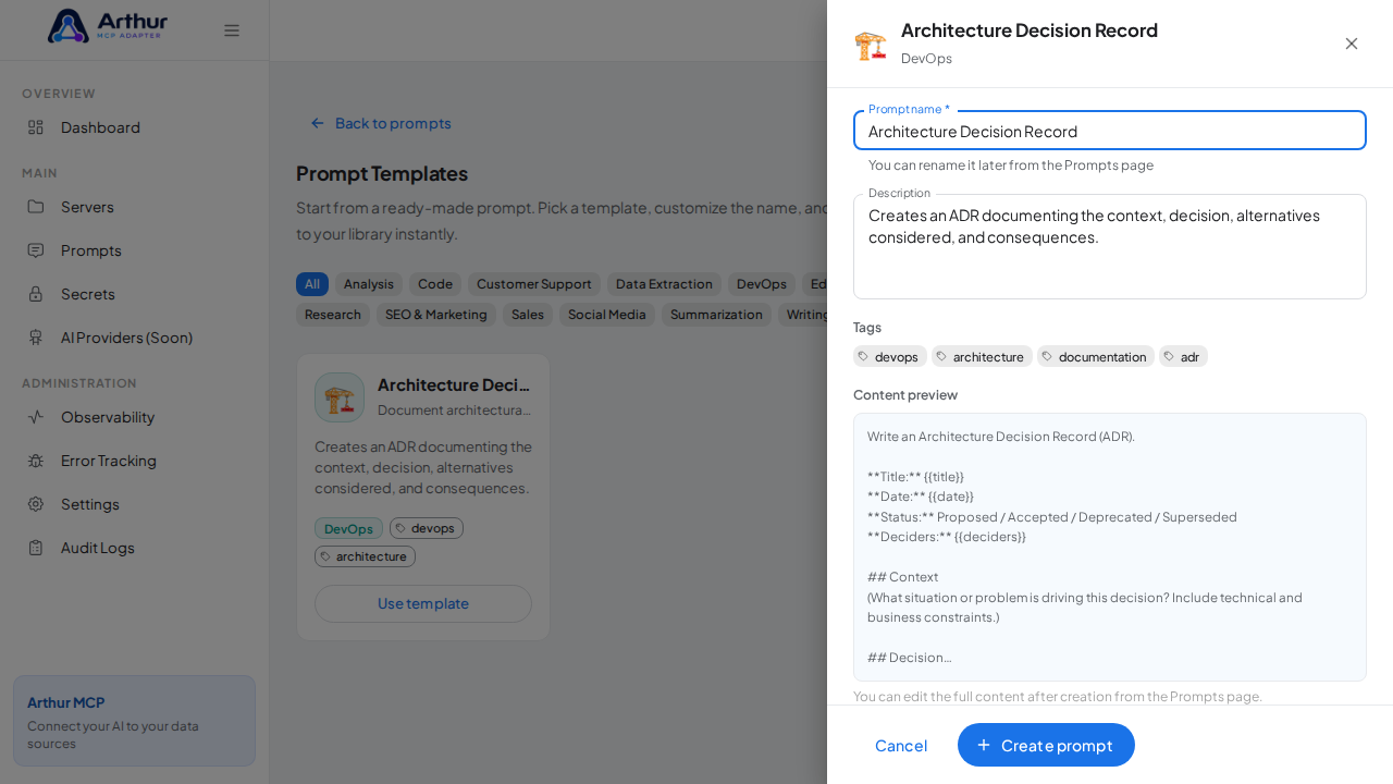 Open the Architecture Decision Record template with its prefilled name and content preview