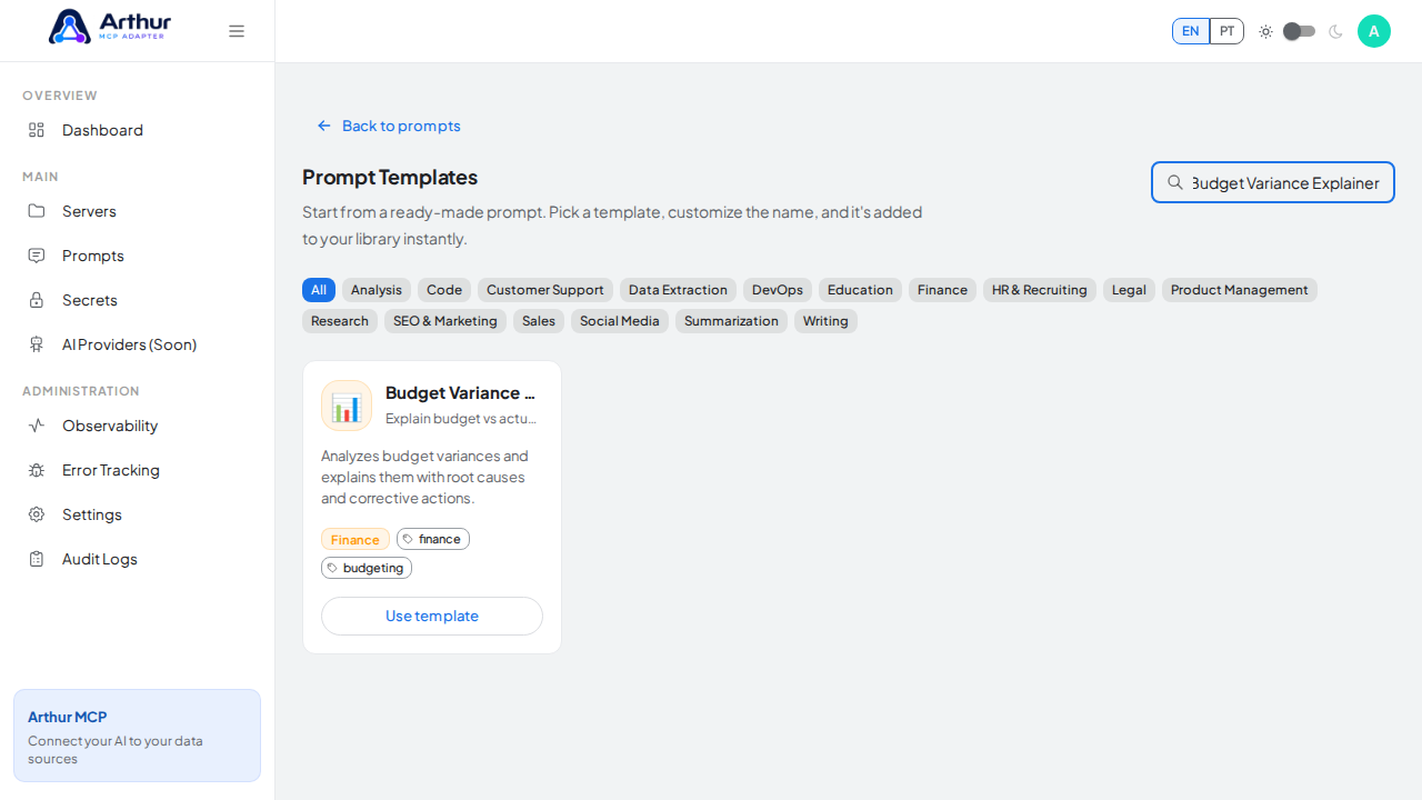 Search the catalog for the Budget Variance Explainer template