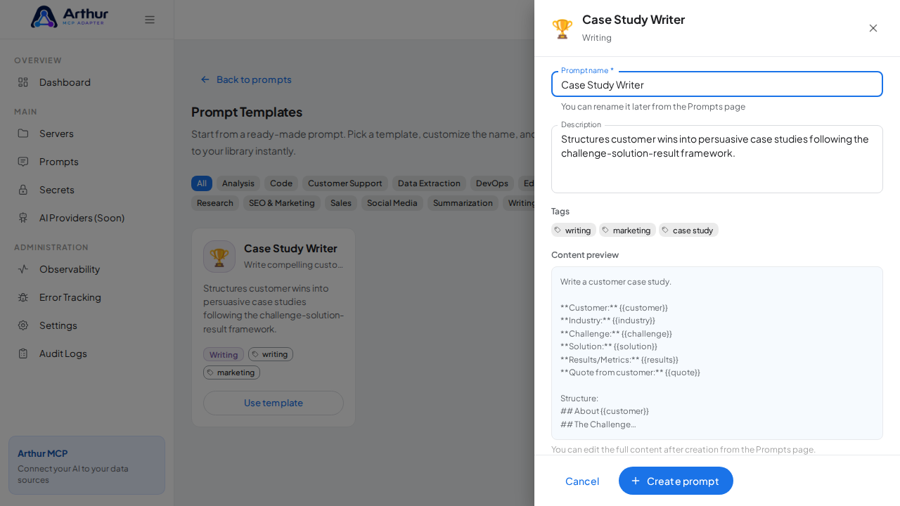 Open the Case Study Writer template with its prefilled name and content preview