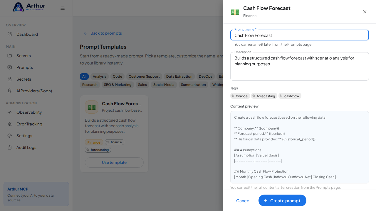 Open the Cash Flow Forecast template with its prefilled name and content preview