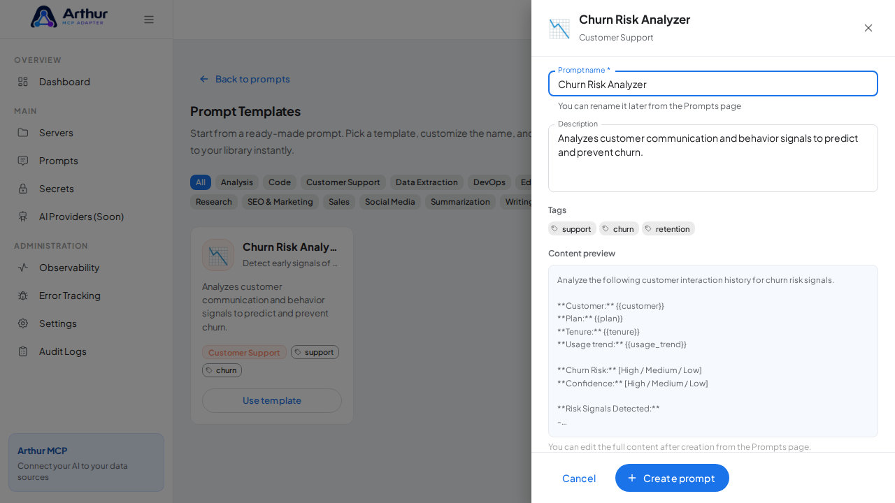 Open the Churn Risk Analyzer template with its prefilled name and content preview