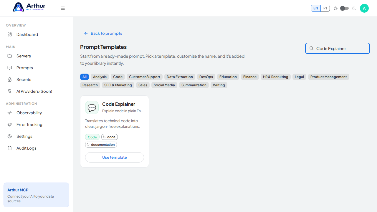 Search the catalog for the Code Explainer template