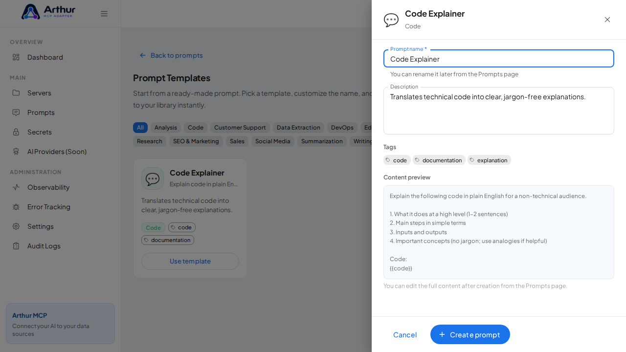 Open the Code Explainer template with its prefilled name and content preview