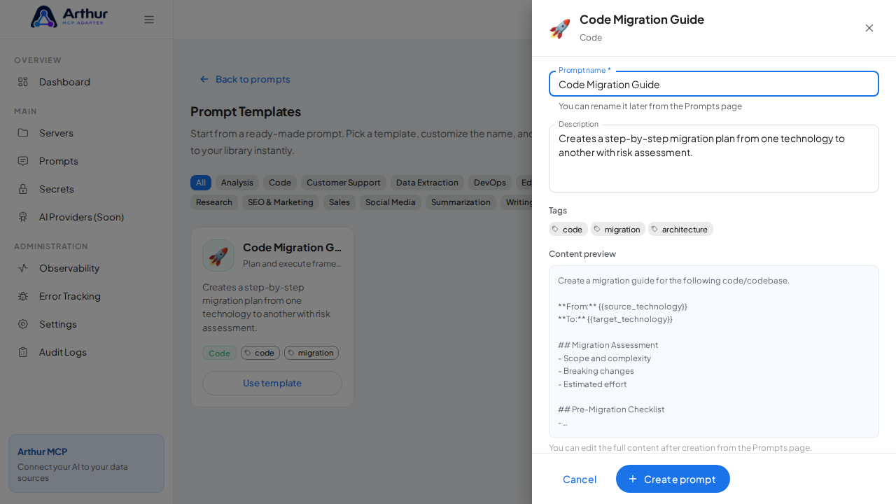 Open the Code Migration Guide template with its prefilled name and content preview