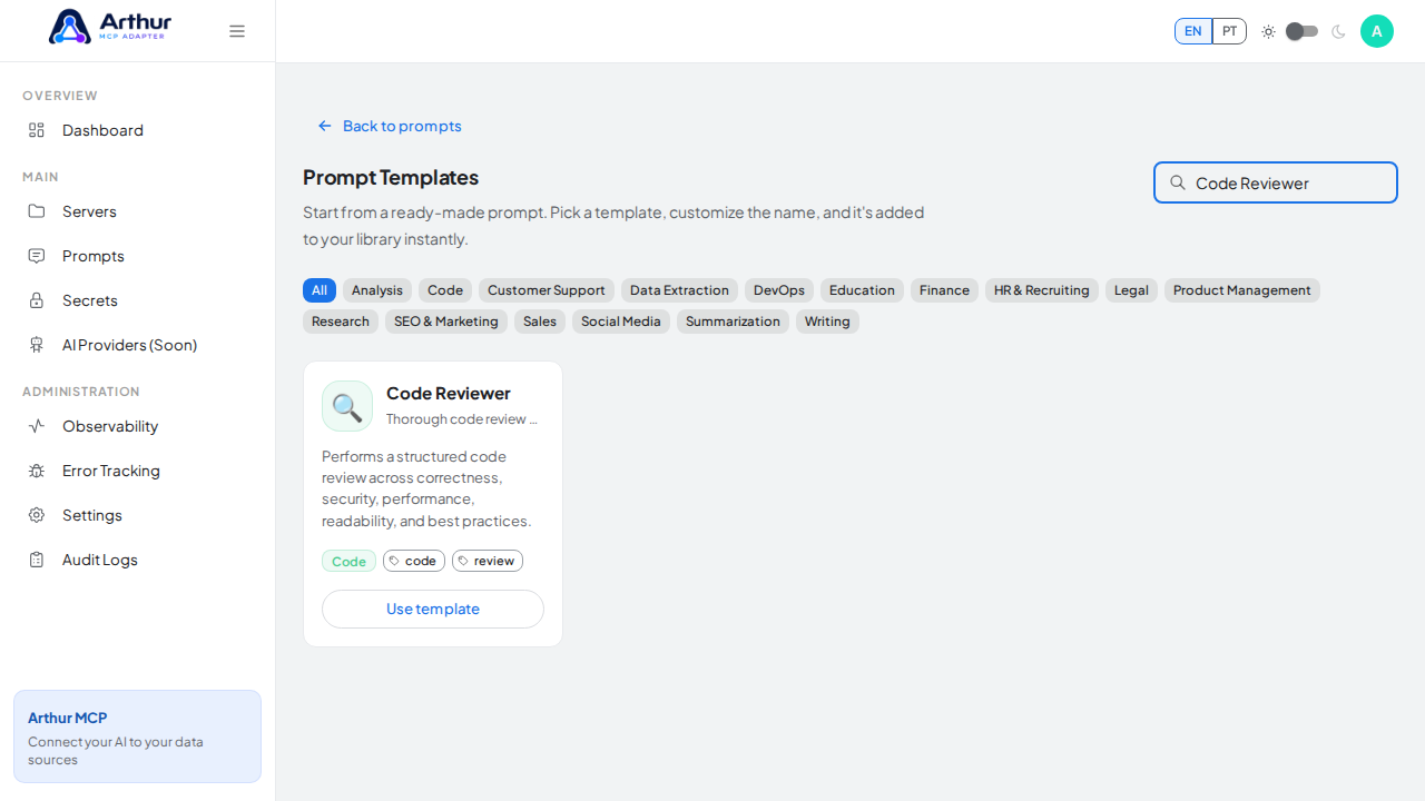 Search the catalog for the Code Reviewer template