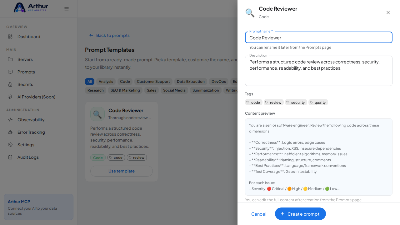 Open the Code Reviewer template with its prefilled name and content preview