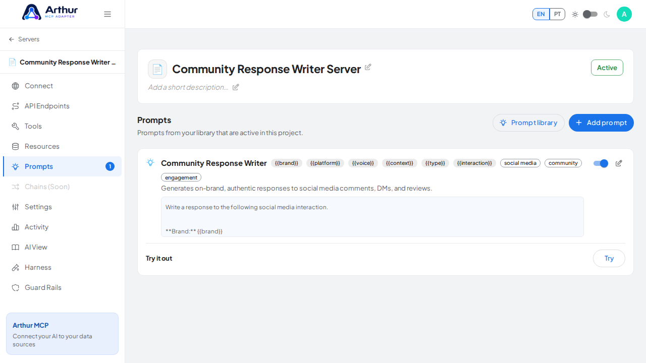 Close the picker and show the linked prompt on the Prompts tab