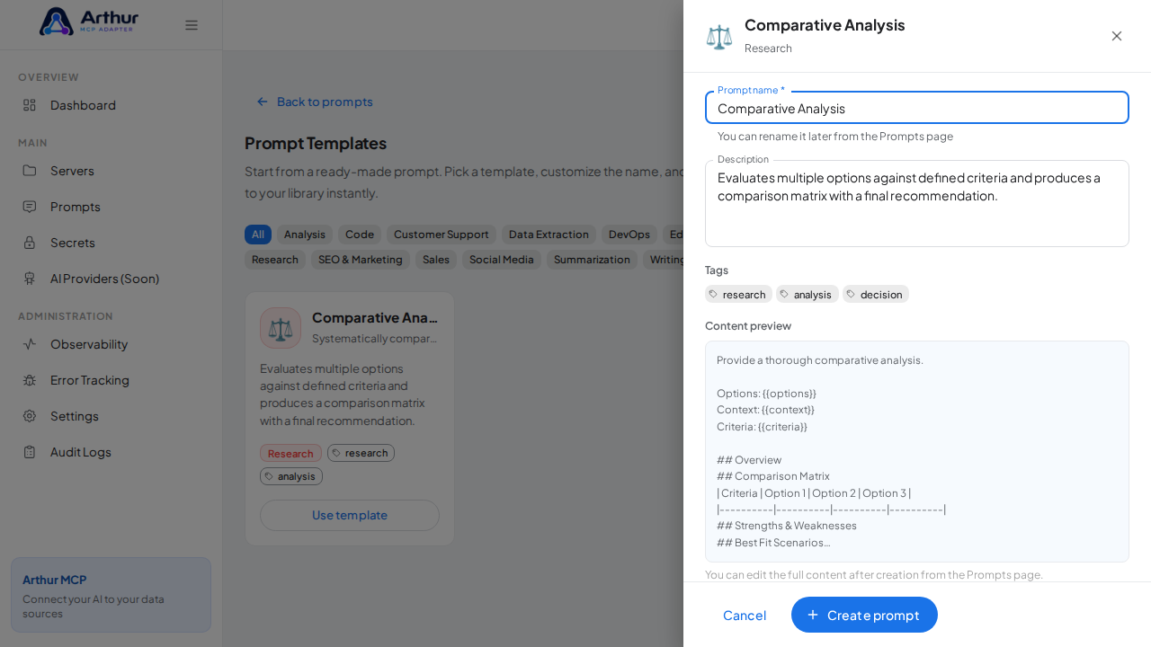 Open the Comparative Analysis template with its prefilled name and content preview