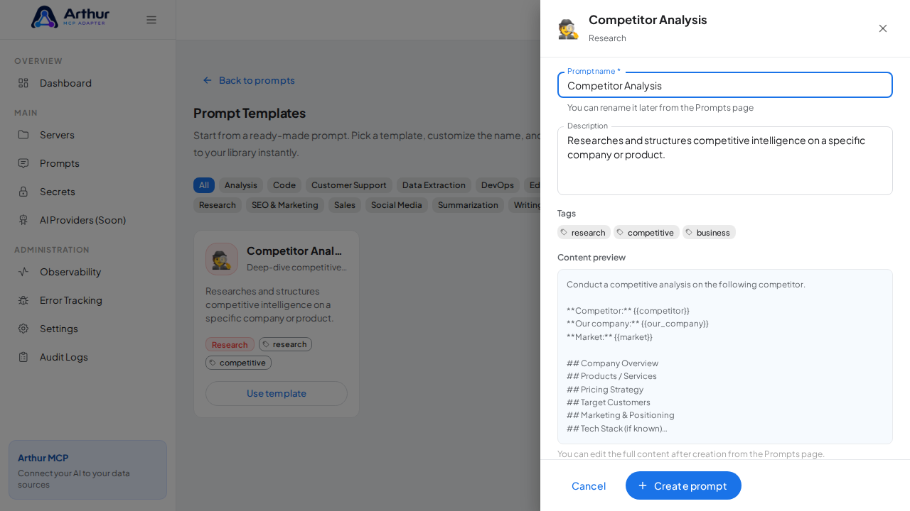 Open the Competitor Analysis template with its prefilled name and content preview