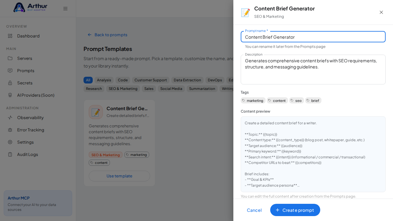 Open the Content Brief Generator template with its prefilled name and content preview
