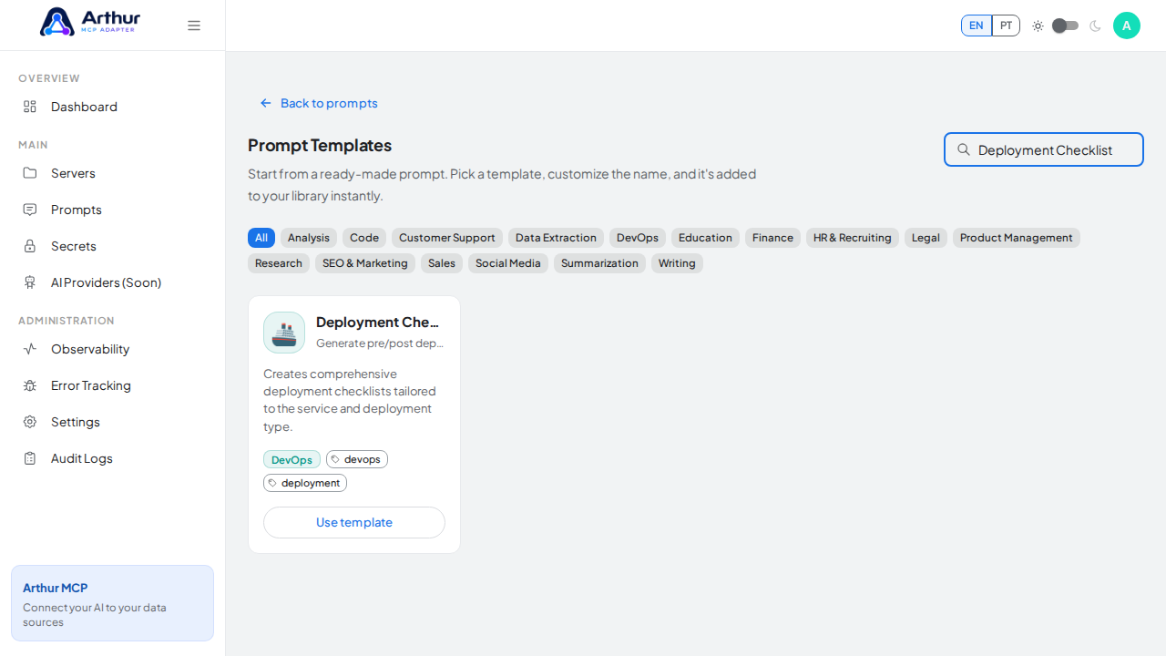 Search the catalog for the Deployment Checklist template