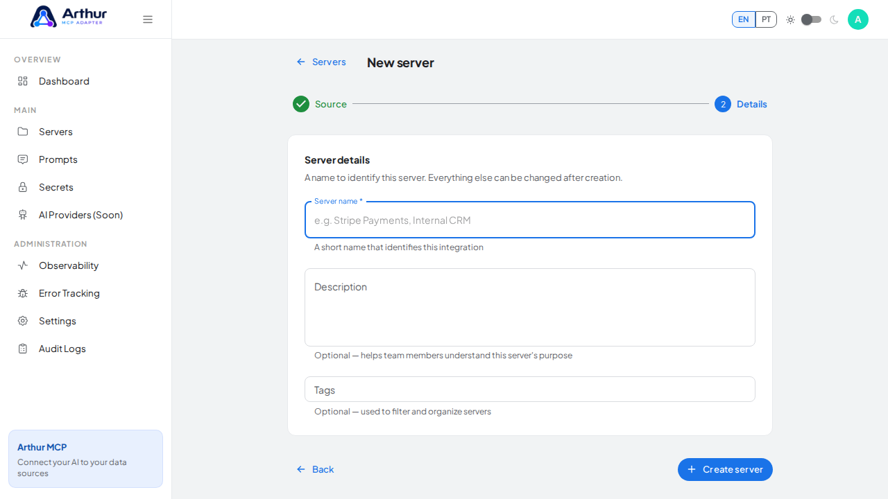 Advance to the server details step