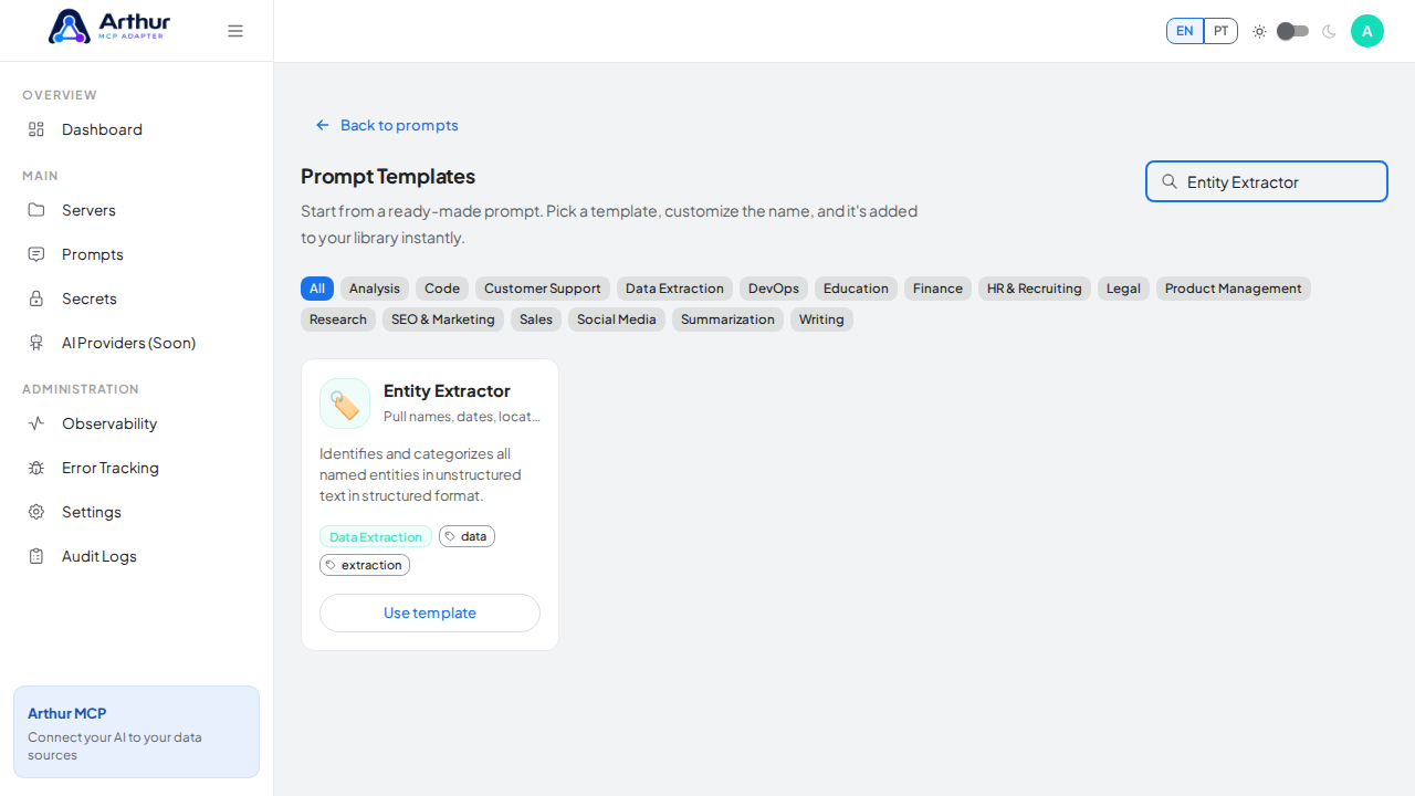 Search the catalog for the Entity Extractor template
