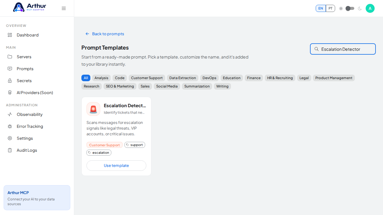 Search the catalog for the Escalation Detector template